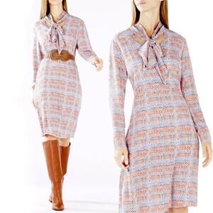 BCBGMAXAZRIA Tie Neck Sheath Cocktail Dress Work Midi Alicha Career Plaid Orange